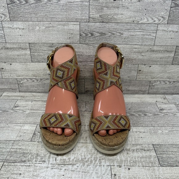 WHITE MOUNTAIN Womens Pearl Espadrille Wedge Sandal Shoe  Tan Brown Aztec 8.5M - Picture 1 of 12